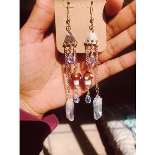 Clear Quartz Dew Drop // Mushroom Earrings. Woodland Earrings. Fairy Earrings