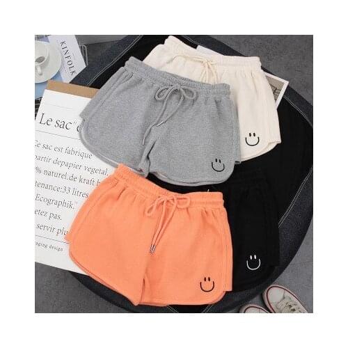 Embroidered smiley face shorts women wear loose wide-legged casual hot pants in summer, slim yoga running pants DLNZ517 at home