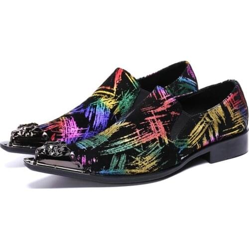 Fashion Loafers Multicolor Leather Casual Shoes Men Golden Leisure Party Dress Shoes Mens Pointed Toe Slip-On Career Show Shoes