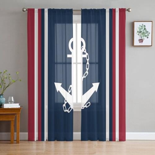 Vertical Blue Red Stripe White Anchor Sheer Curtains for Living Room Modern Voile Curtain Bedroom Tulle Curtains Window Drapes