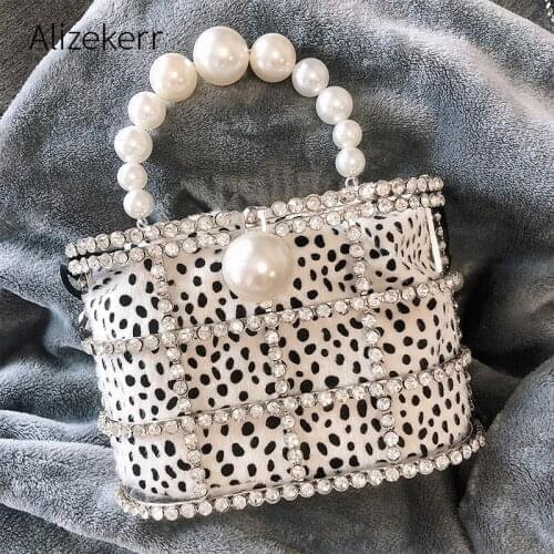 Diamonds Basket Evening Bags Women 2020 New Luxury Pearls Handle Metallic Cage Zebra Print Clutch Purses And Handbags Sac Femme