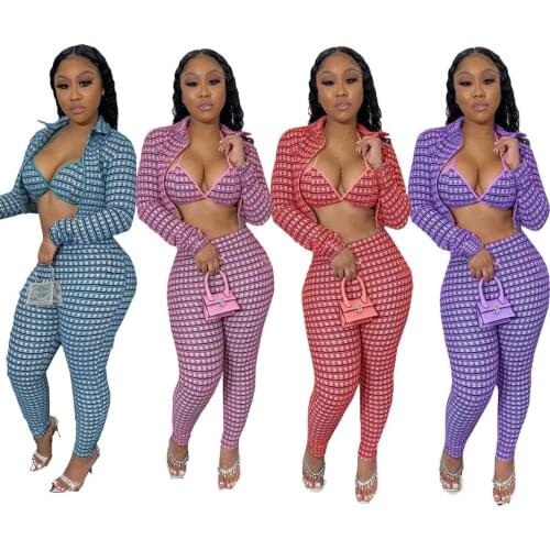 Plaid Sexy 3 Piece Set Women Halter Backless Bra Top + Turn Down Collar Long Sleeve Zippers Coat + Pencil Pants Festival Outfits
