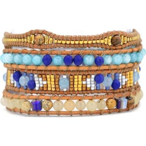 Women Leather Bracelets High End Mix Natural Stones 5 Strands Wrap Bracelets Vintage Weaving Bead Bracelet Dropshipping