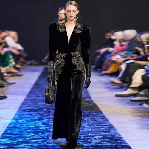 Runway High Quality Rompers New Autumn Fashion Womens Party Elegant Vintage Casual V-neck Embroidered Velvet Trousers Jumpsuits