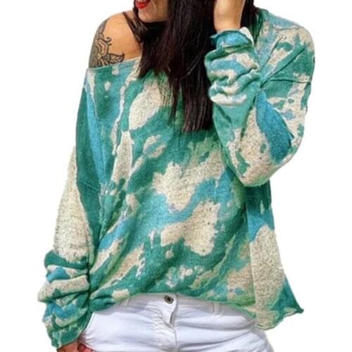 Sweater Tie Dye Knitted Women Long Sleeve Round Neck Pullover Large size long sleeve T-shirt for Party Green/ purple/ yellow/ bl