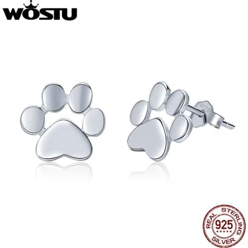 WOSTU Real 925 Sterling Silver Cute Dog Footprints Tiny Stud Earrings for Women Party S925 Silver Jewelry Gift BKE407