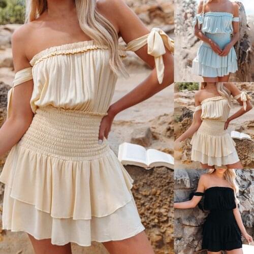Women Dress Ruffled Low Cut Summer Solid Color Off Shoulder Dress Summer Office Lady Slim Elastic Bodycon Party Dresses Vestidos