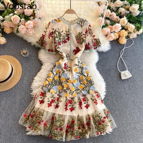 French Vintage Floral Embroidery Party Dresses Women Victorian Elegant O-Neck Mesh Holiday Dress Lady Chic Slim Evening Dress