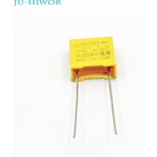 20pcs/lot) X2 Safety Capacitor 104K 0.1uF 100nF 275V 10% Pitch 10mm Polyester Film Capacitor Yellow Square Capacitance