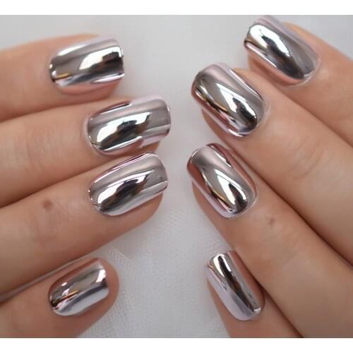 24pcs Salon Nails Metallic Fake Nail Art Tips Mirror Gel Artificial False Nail Set Medium Short For Daily Wear Faux Ongles