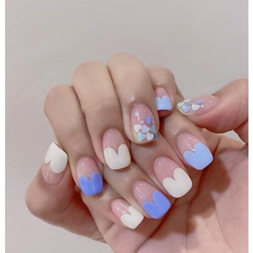 24pcs Calla Heart Blue Fake Nails Full Cover Fake Nails Glue DIY Manicure Nail Art Tools