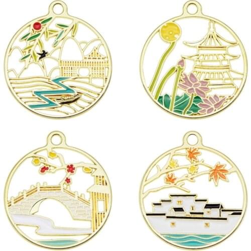 4pcs/pack Enamel Charms Chinese architecture Scenery Charm Fashion dangle earrings accessories Flower Necklace brooches DIY NEW
