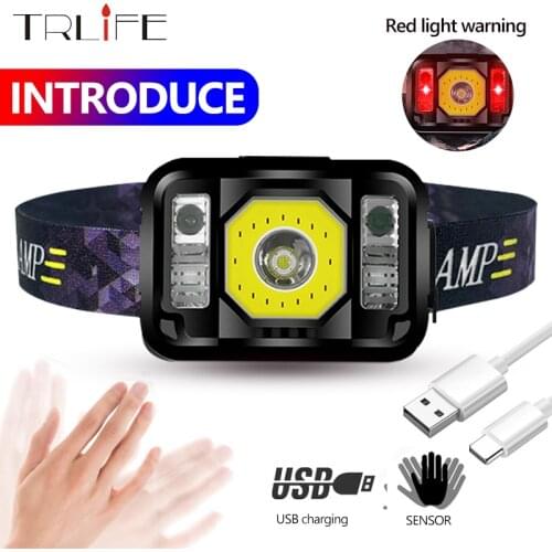 8000lm Sensor Mini Headlight Portable Lantern Red Warning Fishing Lights USB LED Headlamp Super Bright Waterproof Zoom EDC Torch