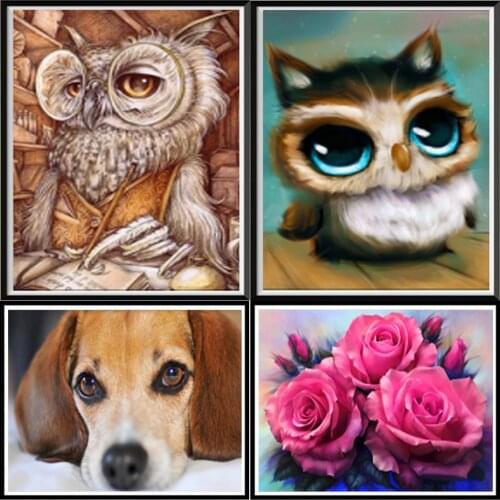 5d Diy Diamond Art Painting, Round Imitation Diamond Embroidery, Animal Dog, Owl, Rose Flower, Home Decoration