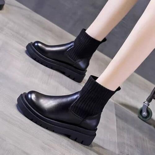 Ankle Boots Woman Slip-On Shoes Women Fashion Knitted Elastic Round Toe Short Boots Platform Square Heels Leather Boots Women