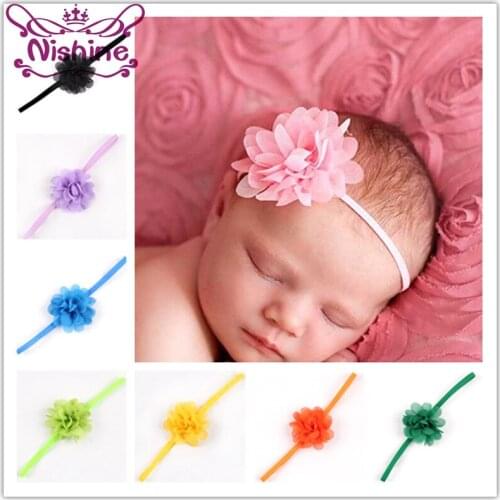 Nishine 20 Colors Mini Chiffon Flower Kids Headbands Elastic Newborn Hair Bands Solid Color Girls Head Hair Accessories