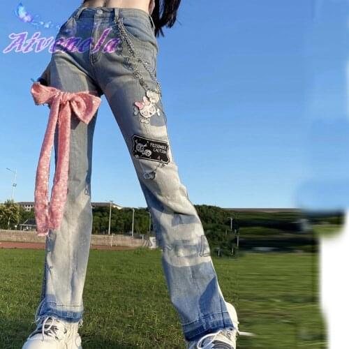 Harajuku Chain Bow Dance Performance Jeans Pants Hot Girl Sweet Cool Fashion Y2k Girls Slim Leg Sweet Cook Pant AFC1059