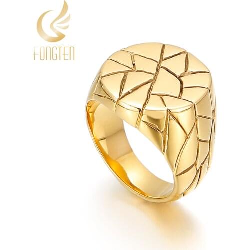Fongten Punk Round Gold Black Silver Color Ring Stainless Steel Irregular Cracks Special Male Cool Finger Rings Jewelry