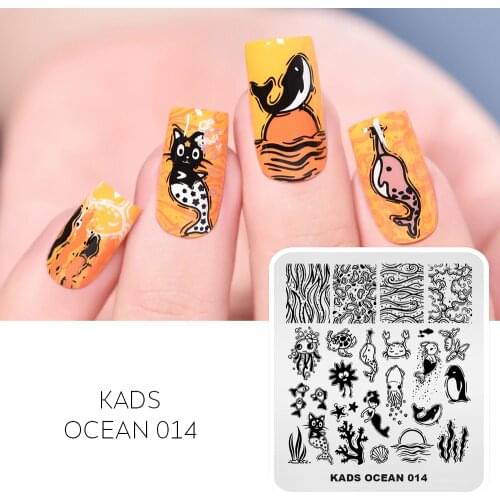 KADS Nail Art Stamping Plates Ocean 014 Cute Dolphin Starfish Crab Penguin Cat Fish Nail Stamp Stencil Template DIY Manicure