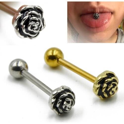 1 PC Rose Flower Surgical Steel Tongue Barbell Bars Piercing Ring Body Jewelry