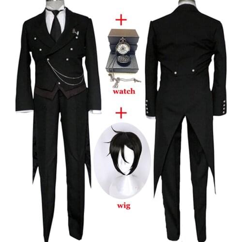 Black Butler Cosplay Japanese Anime Kuroshitsuji Sebastian Michaelis Cosplay Costume Unisex Uniforms 8 piece with Tattoo Sticker
