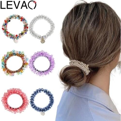 LEVAO New Chic Crystal Beads Elastic Hair Ties for Girls Iridescent Hair Bands Ponytail Holder Bands Fashion Hair Accessories