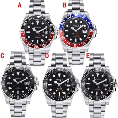 40mm Parnis Mechanical Watches Black Red Bezel GMT Diver Watch Full Stainless Steel Sapphire Automatic movement mens Watch