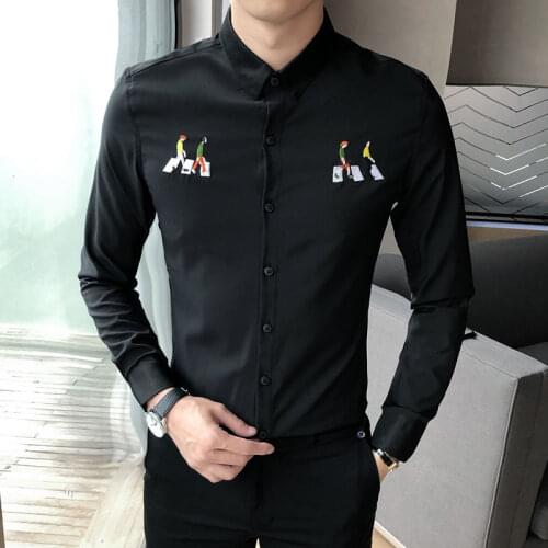 Shirt Embroidered Long-sleeved Button Up Men Shirt Black White Camisa Social Masculina Dress Shirt Men 2020 Korean Clothes Men