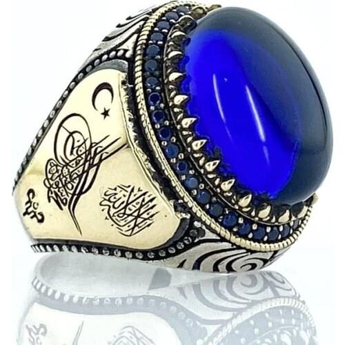 Opalize Cut Sapphire Stone Tuğra Moon Stars Silver Men 'S Ring