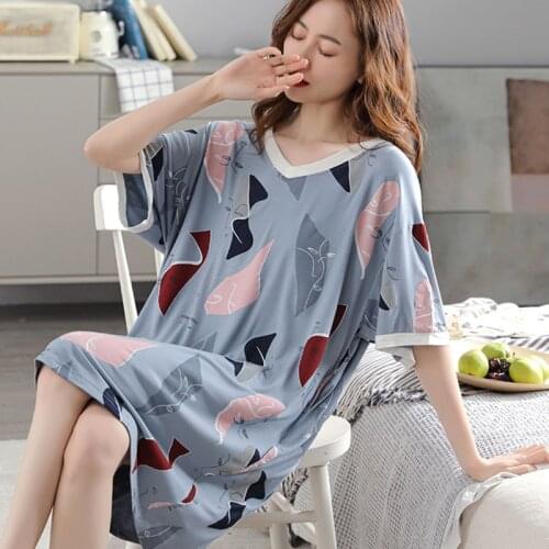 Modal Nightdress Women V-Neck Short Sleeve Casual Thin Nightgown Summer Loose Lingerie Sleepshirt Home Dressing Gown Lounge Lady