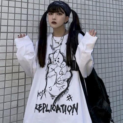 2021 New Long-sleeved T-shirt Womens 100% Cotton Autumn Harajuku Style Couples Hand Pinch Bear Printing Loose Bottoming Tops