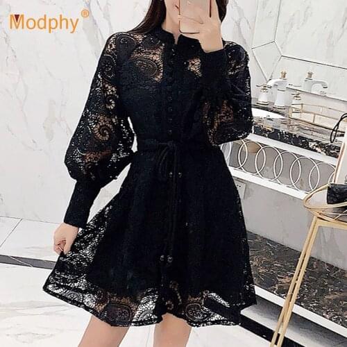 2020 Autumn New Lace Embroidery Women Dress Sexy Hollow Lantern Long-Sleeved Single-Breasted Mini Dress Party Vacation Female