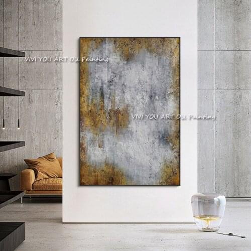 Original Abstract Art Painting Grey Gold Oil Painting Wall Art Canvas Pictures modern for Living Room Home Decoration As A Gift