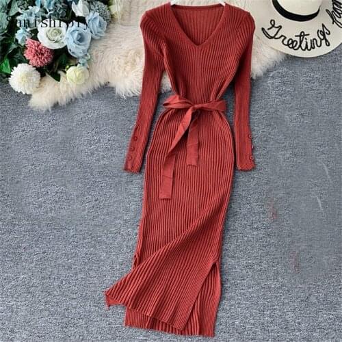 Sanishroly Women Belt Bow Sweater Dress Autumn Winter Slim Split Knitted Dresses Female V-Neck Bottom Long Dress Vestidos SE742