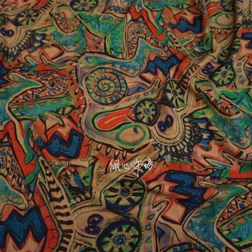 Twill cotton Hand painted graffiti Abstract Totem Satin silk fabric Satin de soie Satén шелк hanfu cloth DIY patchwor kbag
