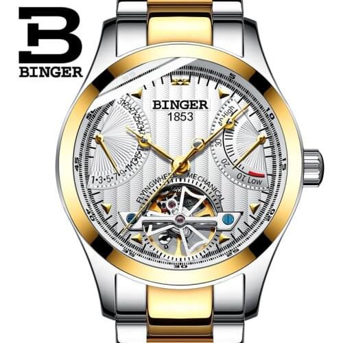 Switzerland BINGER Men Automatic Watch Skeleton Mechanical Watches Luxury Wristwatches Waterproof relogio masculino Full Steel
