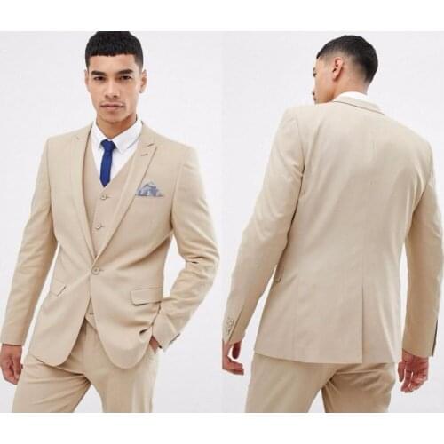Stylish Design Back Vent One Button Beige Groom Tuxedos Groomsmen Peak Lapel Mens Suits Blazers (Jacket+Pants+Vest+Tie) W:1150