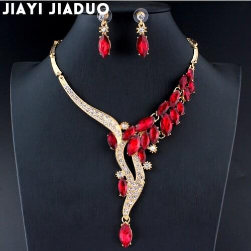 Jiayijiaduo Wedding Jewelry Sets Red Crystal Necklace Earrings Gift for Glamor Women Accessories Dropshipping Gold Color Dating