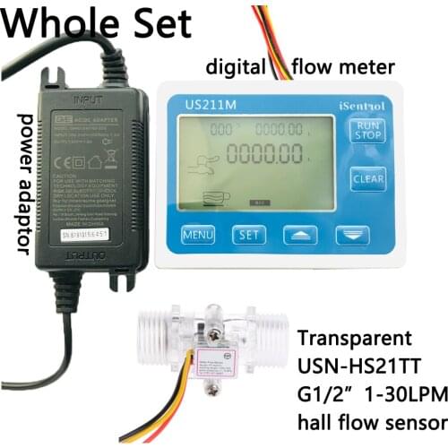 US211M Digital Flow Meter Totalizer Flow Measurement with Nylon Water Flow Sensor USN-HS21TT G1/2" Turbine Flowmeter iSentro