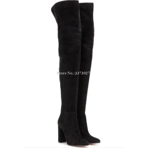 Woman Black Velvet Chunky Heel Long Boots Fashion Round Toe Thigh High Boots Lady Large Size Over the Knee Boots