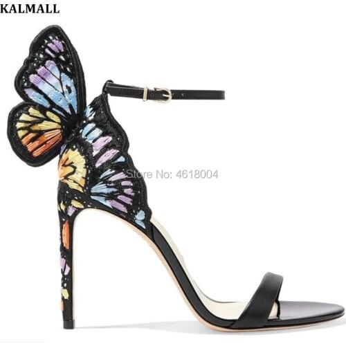 KALMALL Wedding Shoes Women Multicolored Wings Sandals Playful Embroidered Candy Butterfly High Heels Strap Across Stilettos
