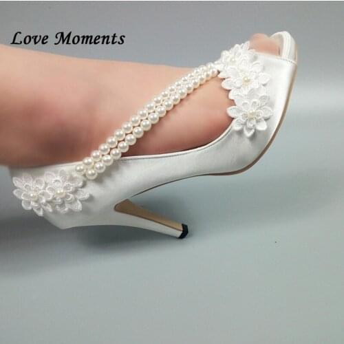 Love Moments Peep Toe Beading White Wedding shoes Open Toe High Platform shoes Ladies Pumps Flower Party Dress shoes Woman
