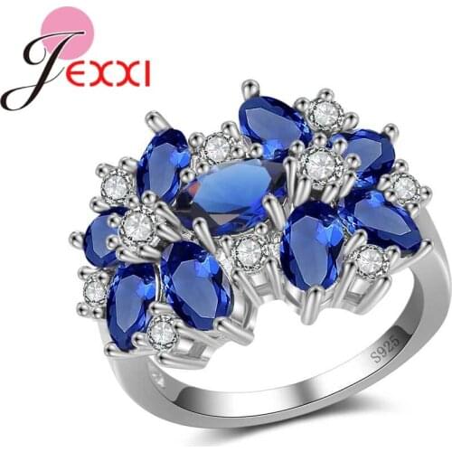 High Quality Women Female Party Wedding Jewelry 925 Sterling Silver Geometric Ring With Full Bule Opal Shiny CZ