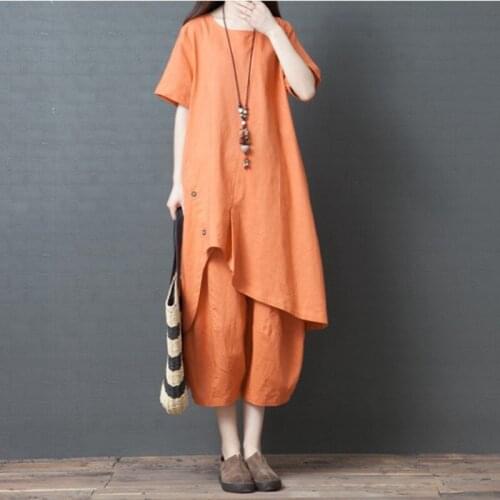Womens Summer Suit New Fashion Retro Long Shirt @ Elastic Waist Wide Leg Pants Two Sets Casual Loose Summer Clothes A197