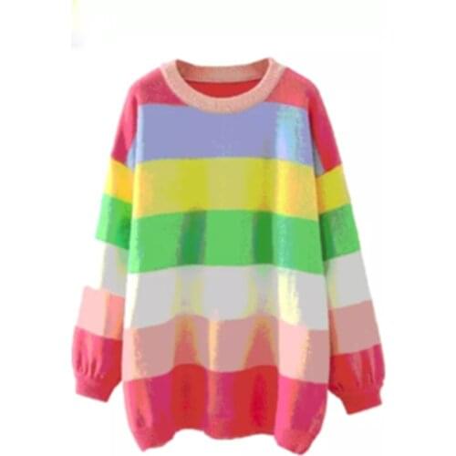Korean Womens Mid-length Sweater Casual Striped Rainbow Pullover Street Large-profile y2k Sweater 2021 Autumn And Winter New