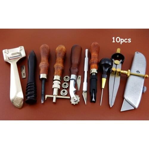 10pcs Leather Craft Knife Edger Beveler Skiver Slicker Burnisher Groover Awl Tool Set - Sewing Stitching Carving Stamping Punch
