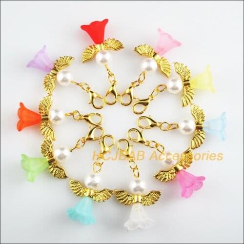 10Pcs Gold Color Retro Mixed Flower Acrylic 21.5x26mm Angel With Lobster Claw Clasps Charms