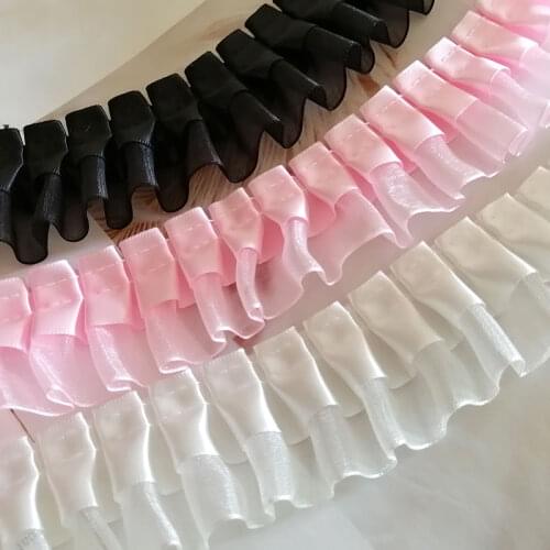 4CM Wide Pleated Organza Lace Applique Two Layers Ruffled Satin Ribbon Collar Neckline Edge Ruffle Trim DIY Sewing Clothes Decor
