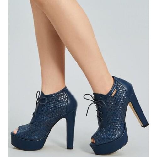 Chunky High Heel Ankle Booties Peep Toe Lace Up Platform Shoes Snake Skin Women Blue Black Short Boots Fall Winter Runway Shoes