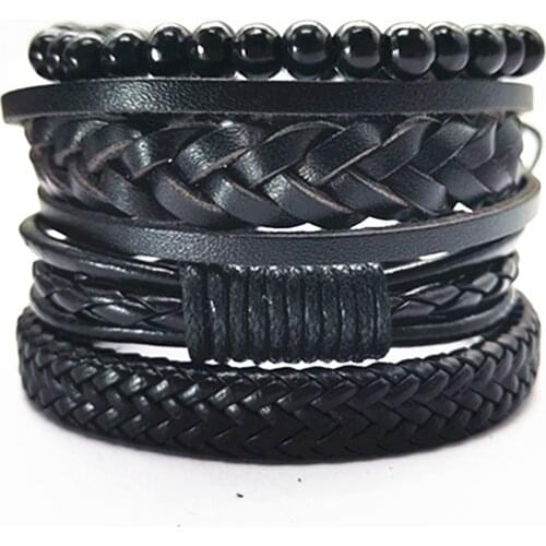Black Bronze Cross Men Bracelets 4pcs/set Wristband Fashion Rope Wrap Cuff Bangle Leather Bracelets Women Jewelry Accessories